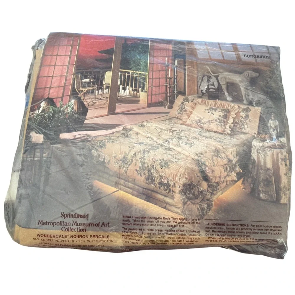 Vintage Springmaid Songbirds Flat Sheet Chinoiserie Grandmillennial Botanical